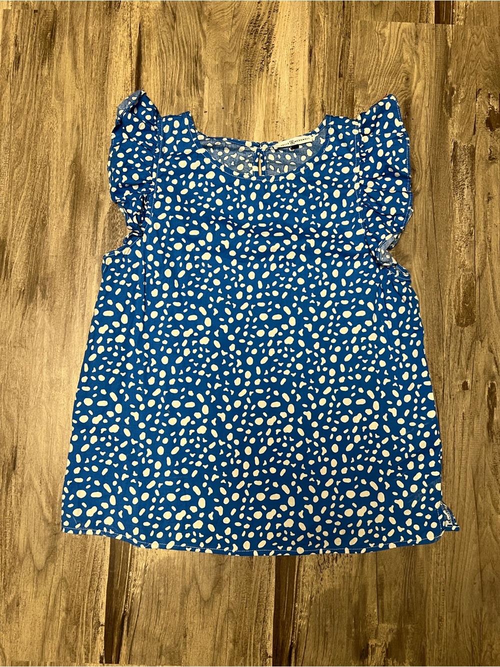 Michelle McDowell Blue White Spotted Ruffle Sleeve Top Size L Cotton